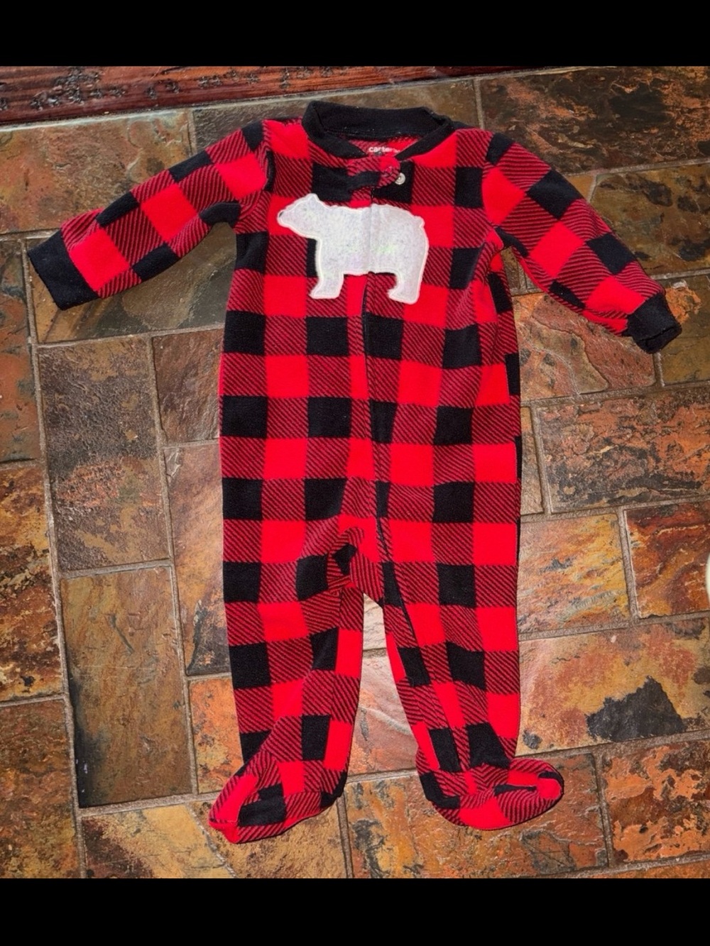 Carter's Red and Black Buffalo Plaid Footed One-Piece with White Bear